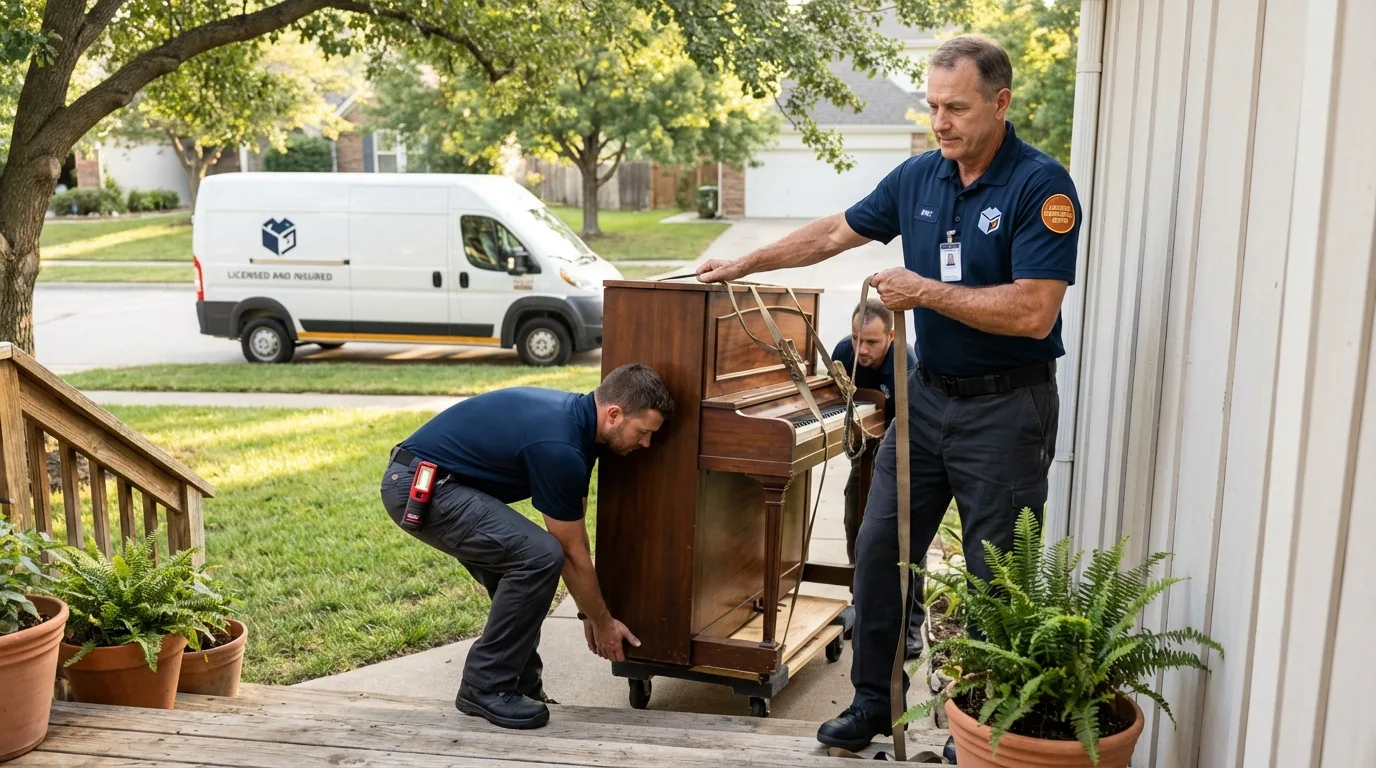 Licensed piano movers securing grand piano in Saluda, SC