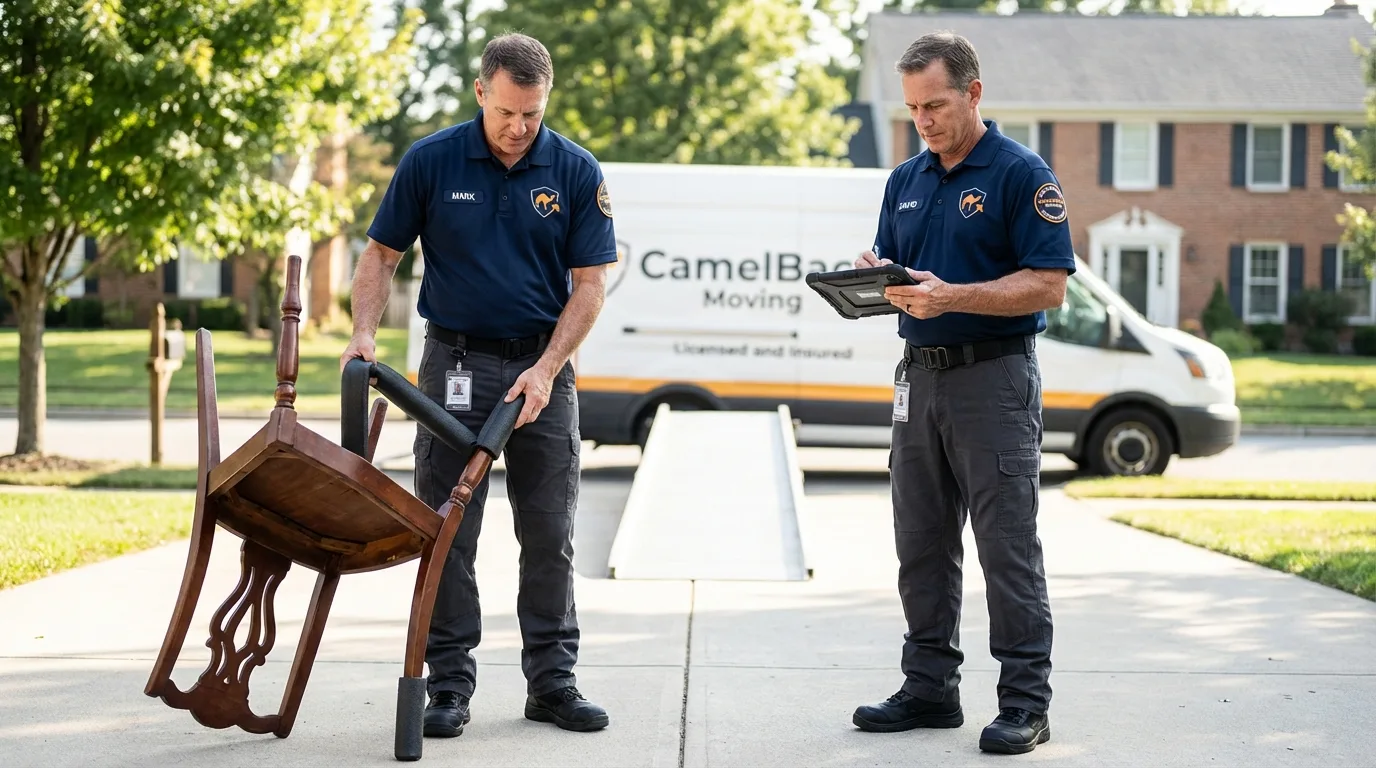 Movers inspecting furniture for damage prevention before loading in Saluda, SC